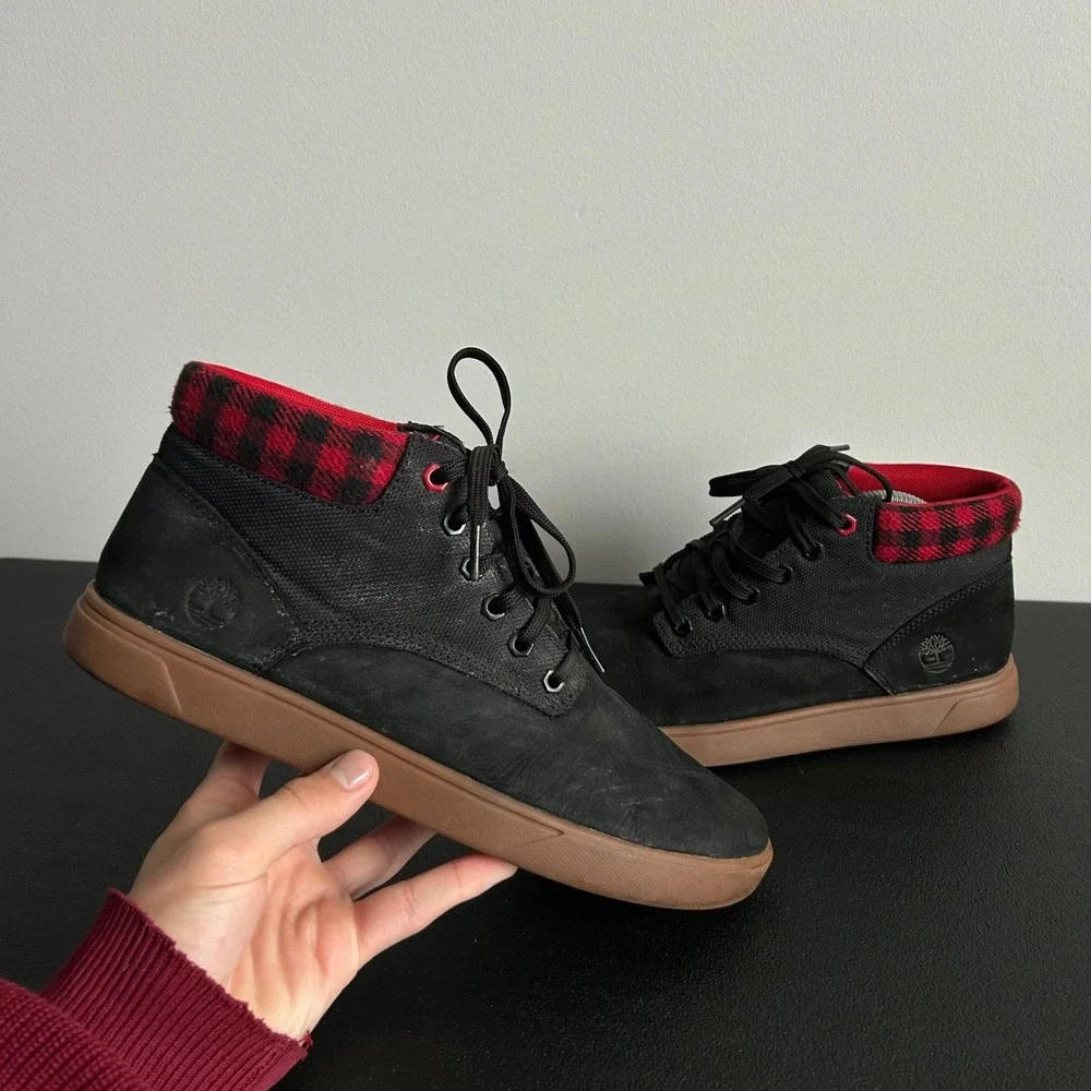 Timberland Davis Square Mid Sneakers Mens 9 Black Nubuck Red Plaid Boots A27Y7